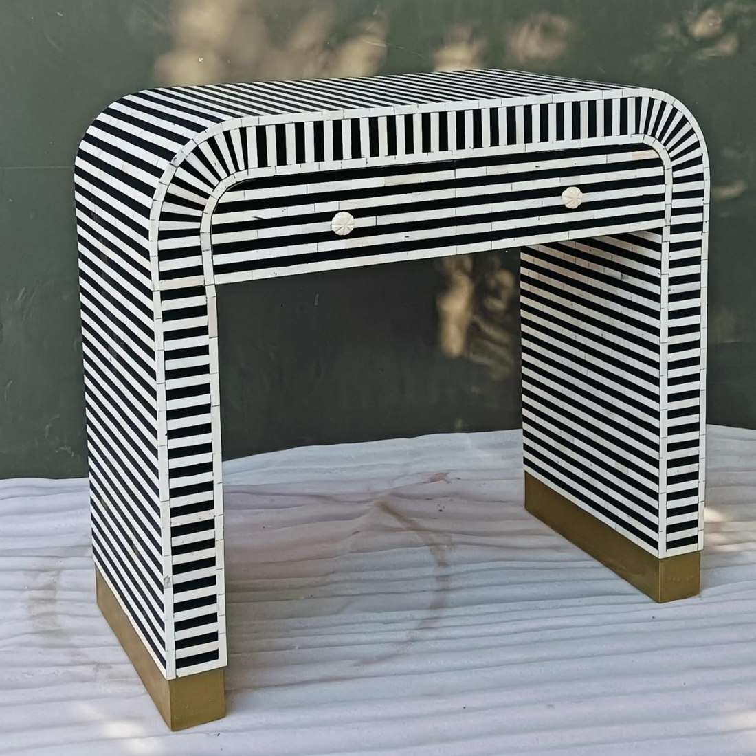 Black & White Striped Bone Inlay Bedside Table | Modern 2 Drawer Nightstand