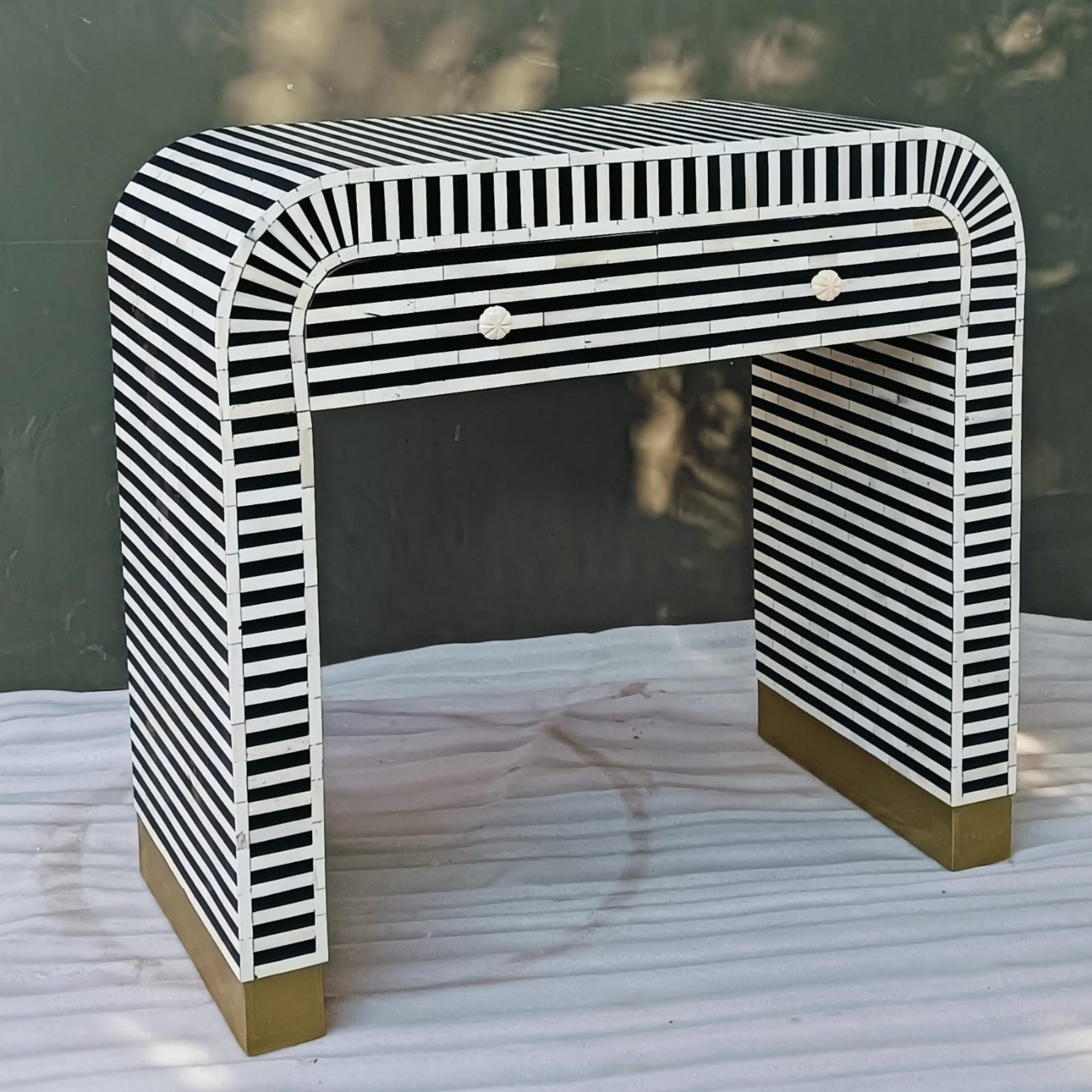 Black & White Striped Bone Inlay Bedside Table | Modern 2 Drawer Nightstand