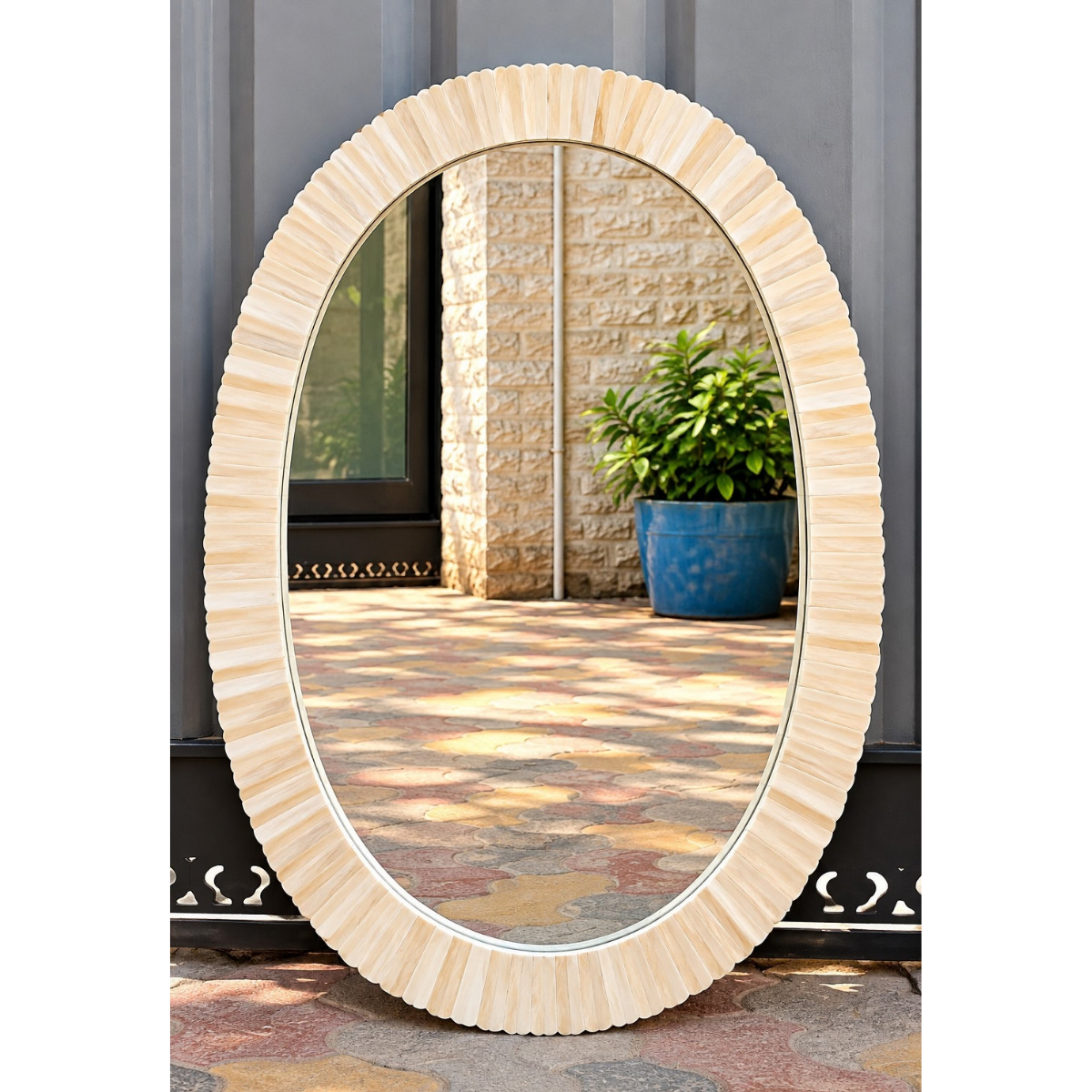 Set of 2 White Bone Inlay Oval Mirrors – Handmade Decorative Wall Mirror Pair