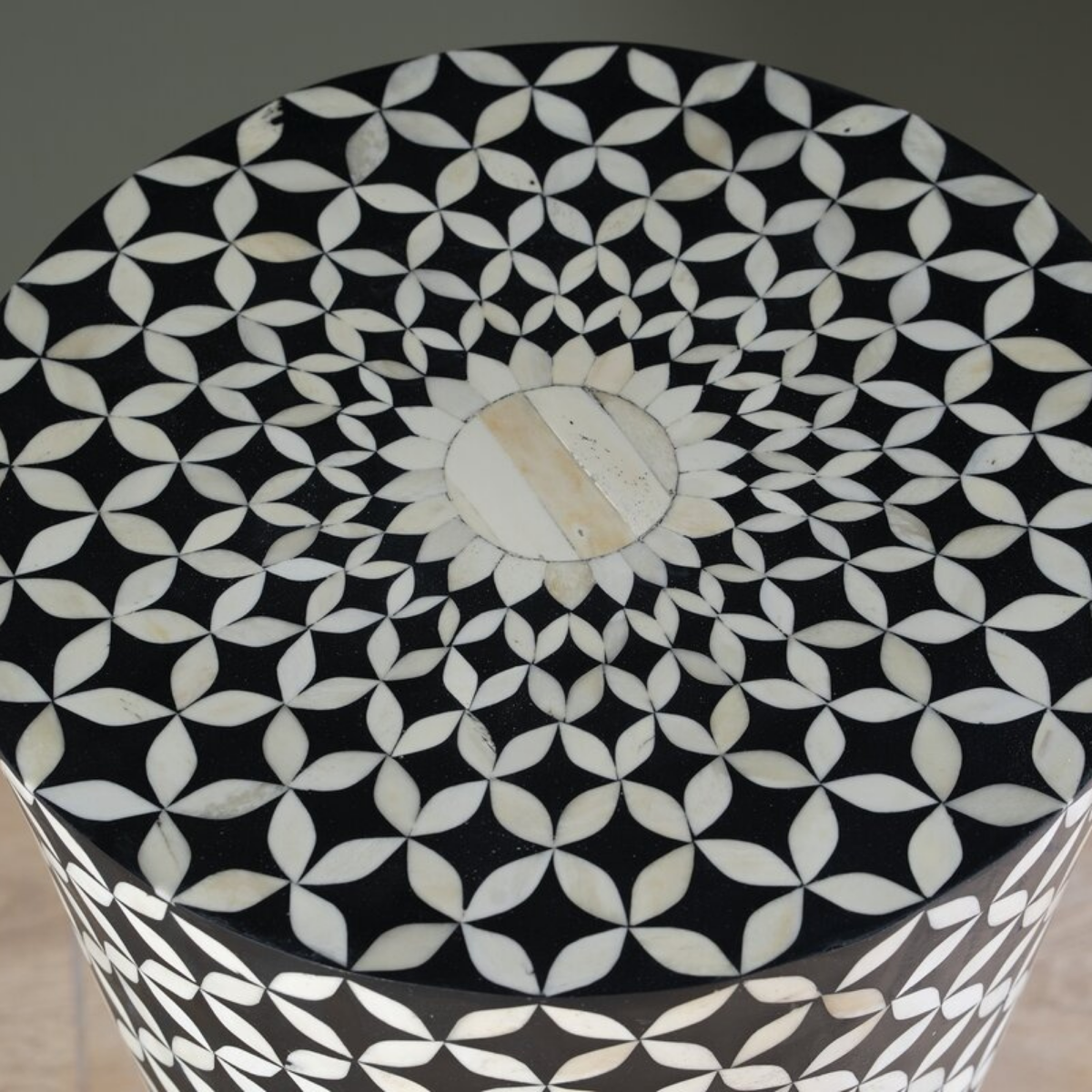 Black Geometric Bone Inlay End Table | Handmade Hourglass Accent Side Table