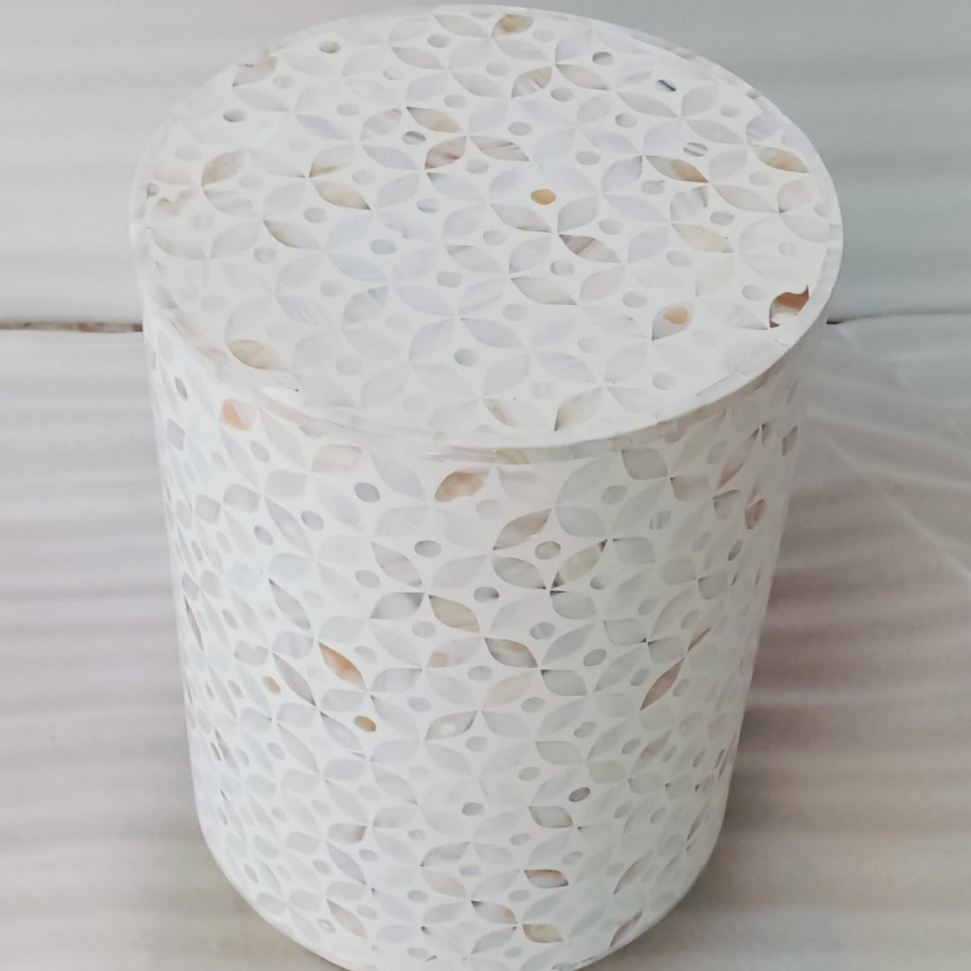 White Mother of Pearl End Table | Handmade Round MOP Accent Side Table