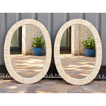 Set of 2 handmade white bone inlay oval wall mirrors with ribbed decorative frames