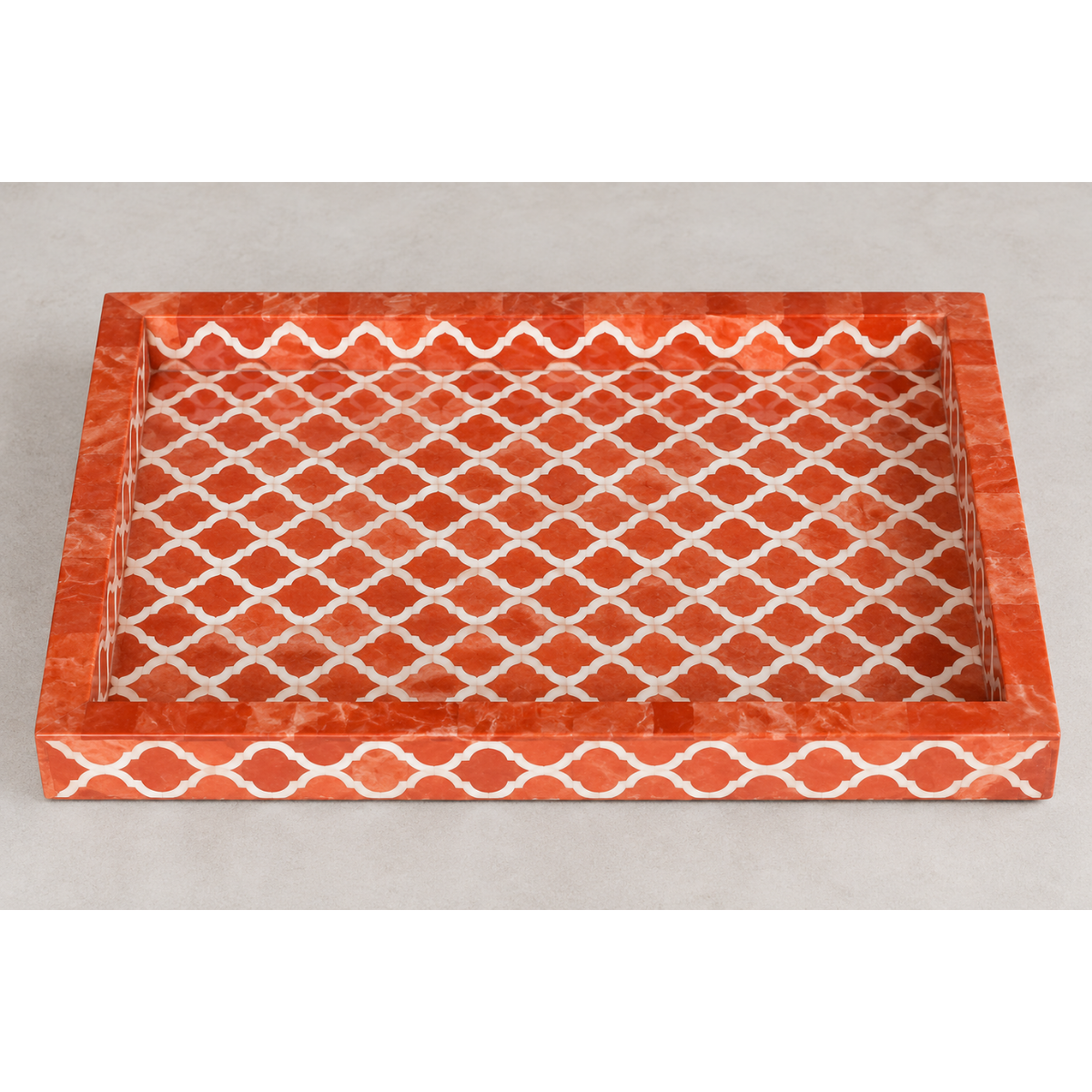 Handmade Orange Bone Inlay Serving Tray – Moroccan Geometric Design