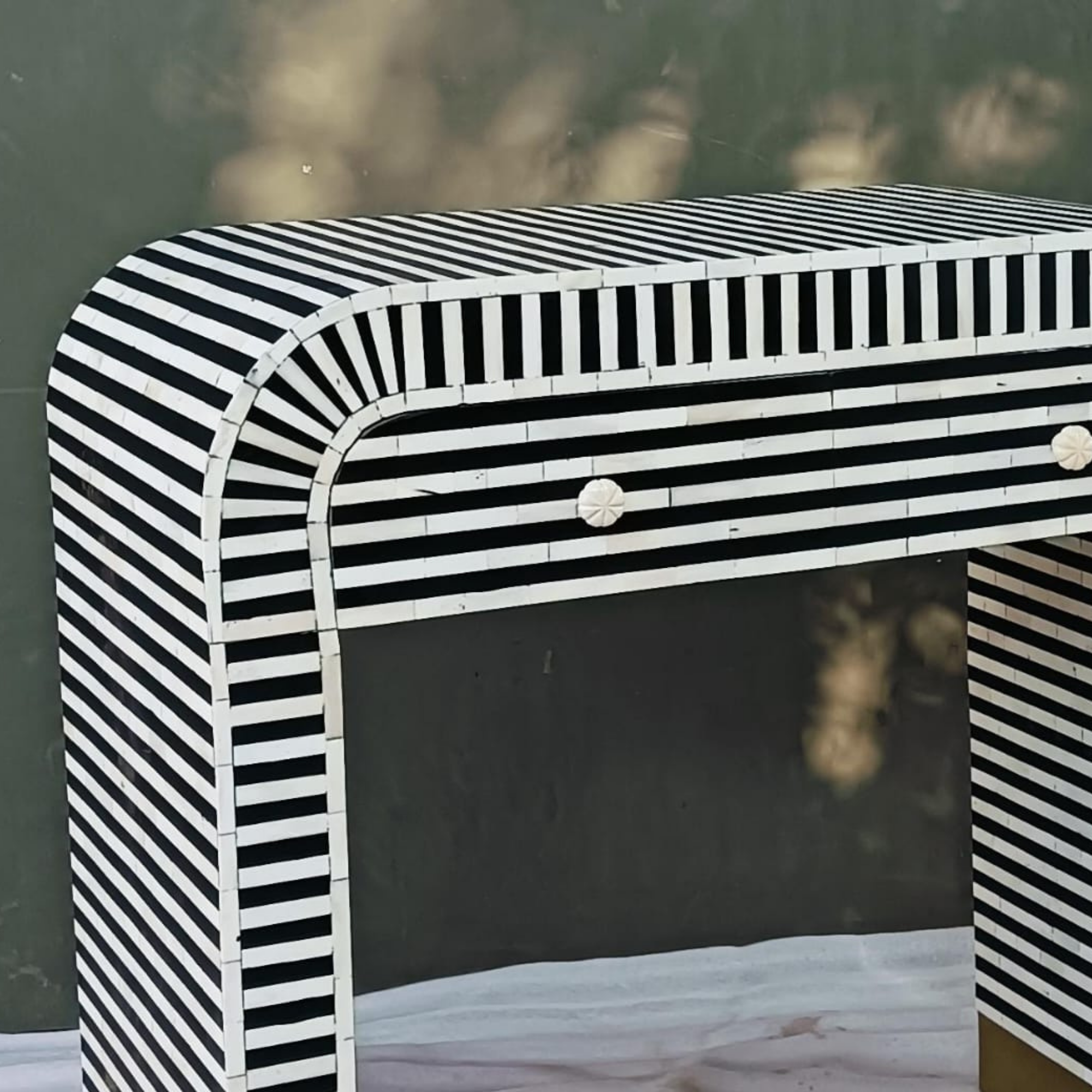 Black & White Striped Bone Inlay Bedside Table | Modern 2 Drawer Nightstand