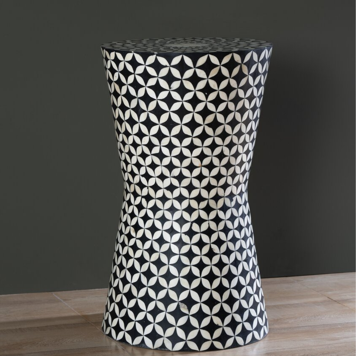Black Geometric Bone Inlay End Table | Handmade Hourglass Accent Side Table