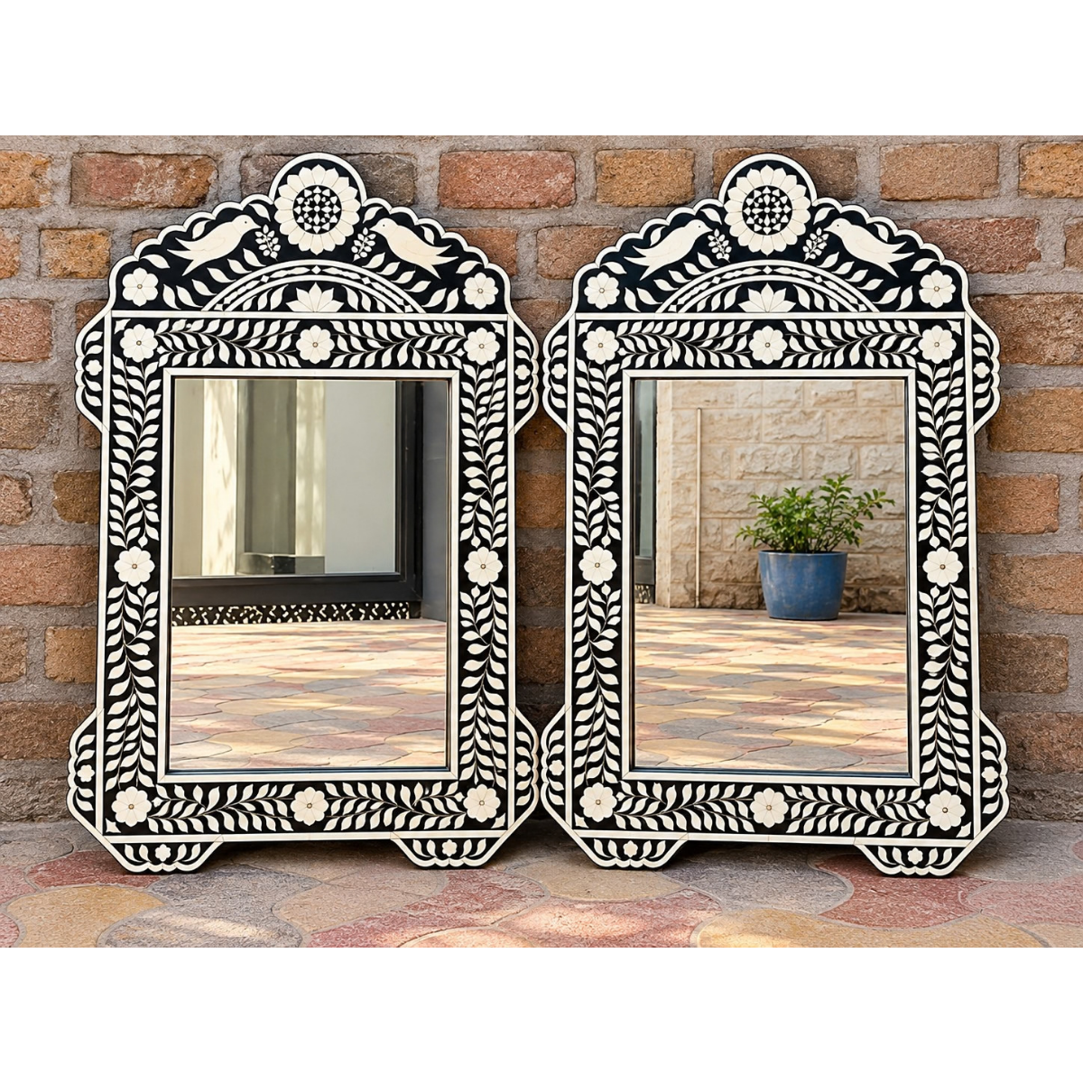 Set of 2 handmade black and ivory floral bone inlay decorative wall mirrors