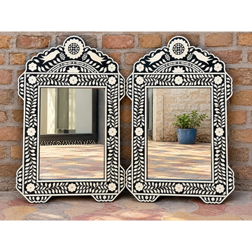 Set of 2 handmade black and ivory floral bone inlay decorative wall mirrors