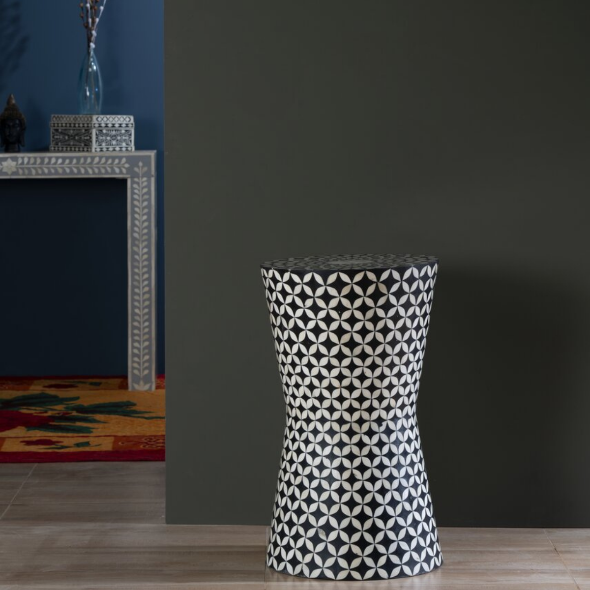 Black Geometric Bone Inlay End Table | Handmade Hourglass Accent Side Table