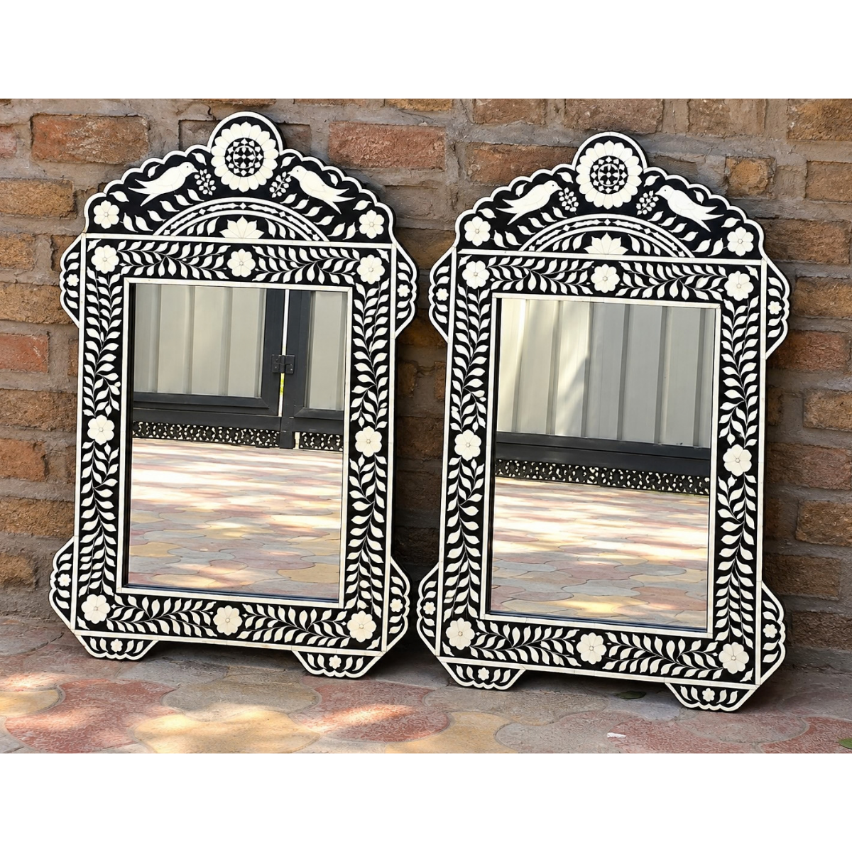 Set of 2 Black Bone Inlay Mirrors – Handmade Floral Decorative Wall Mirror Pair