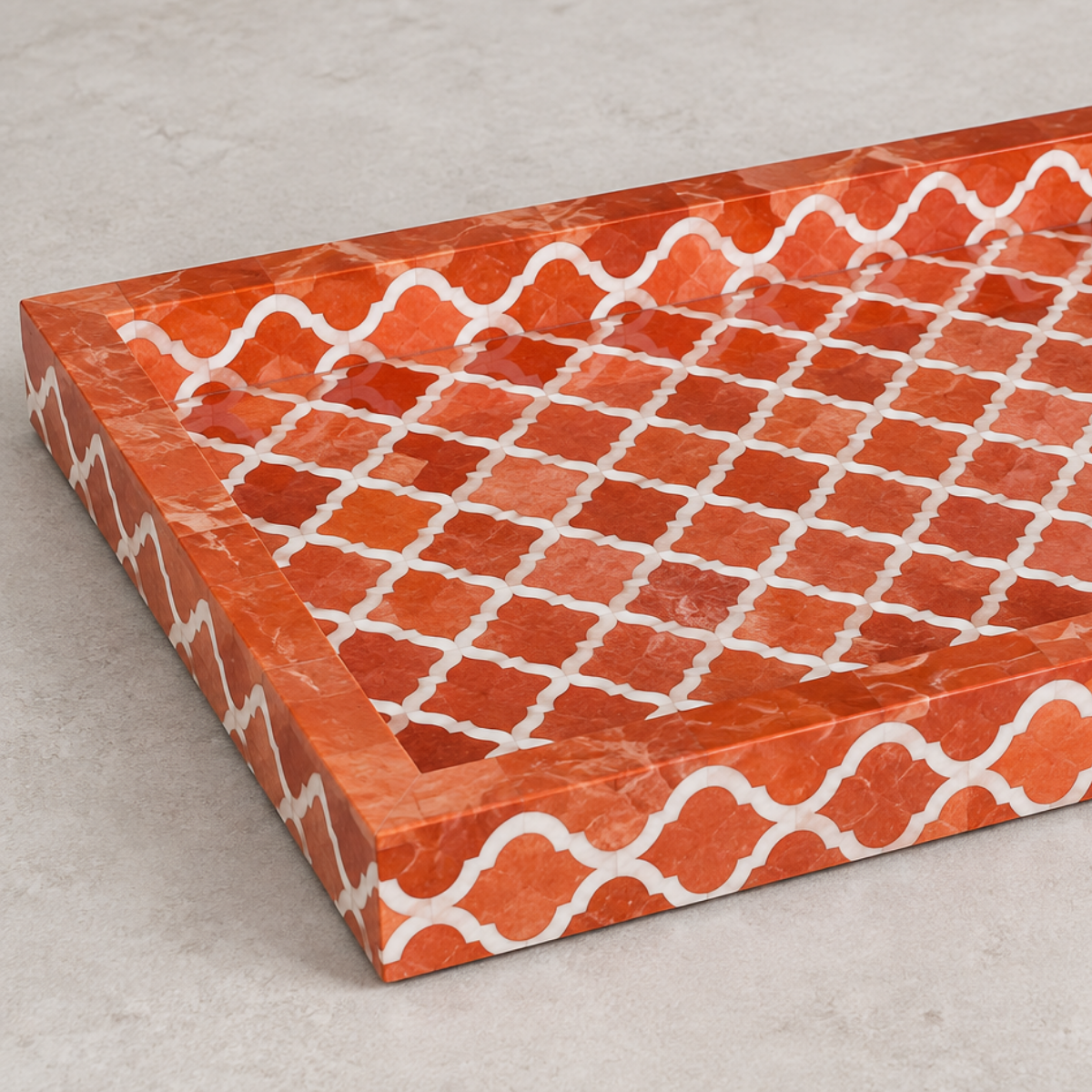 Handmade Orange Bone Inlay Serving Tray – Moroccan Geometric Design