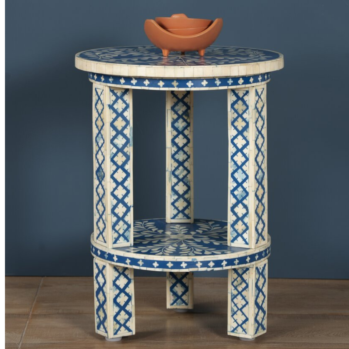 Blue Bone Inlay Round Side Table | Handmade Two-Tier Accent End Table