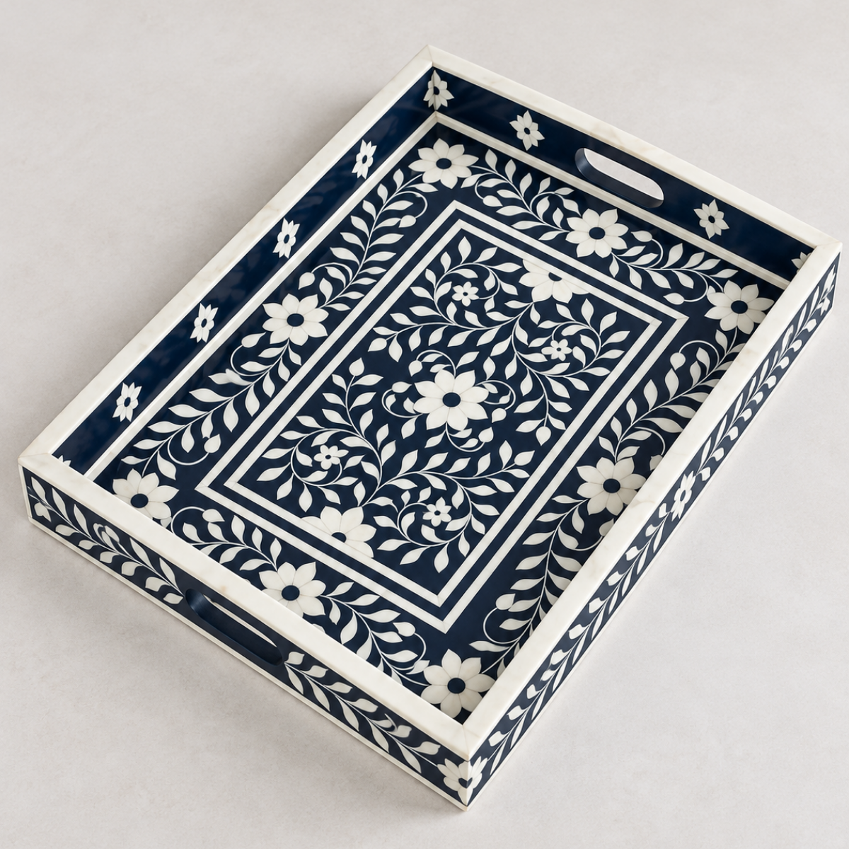 Handmade Navy Blue Bone Inlay Serving Tray – Floral Design with Handles