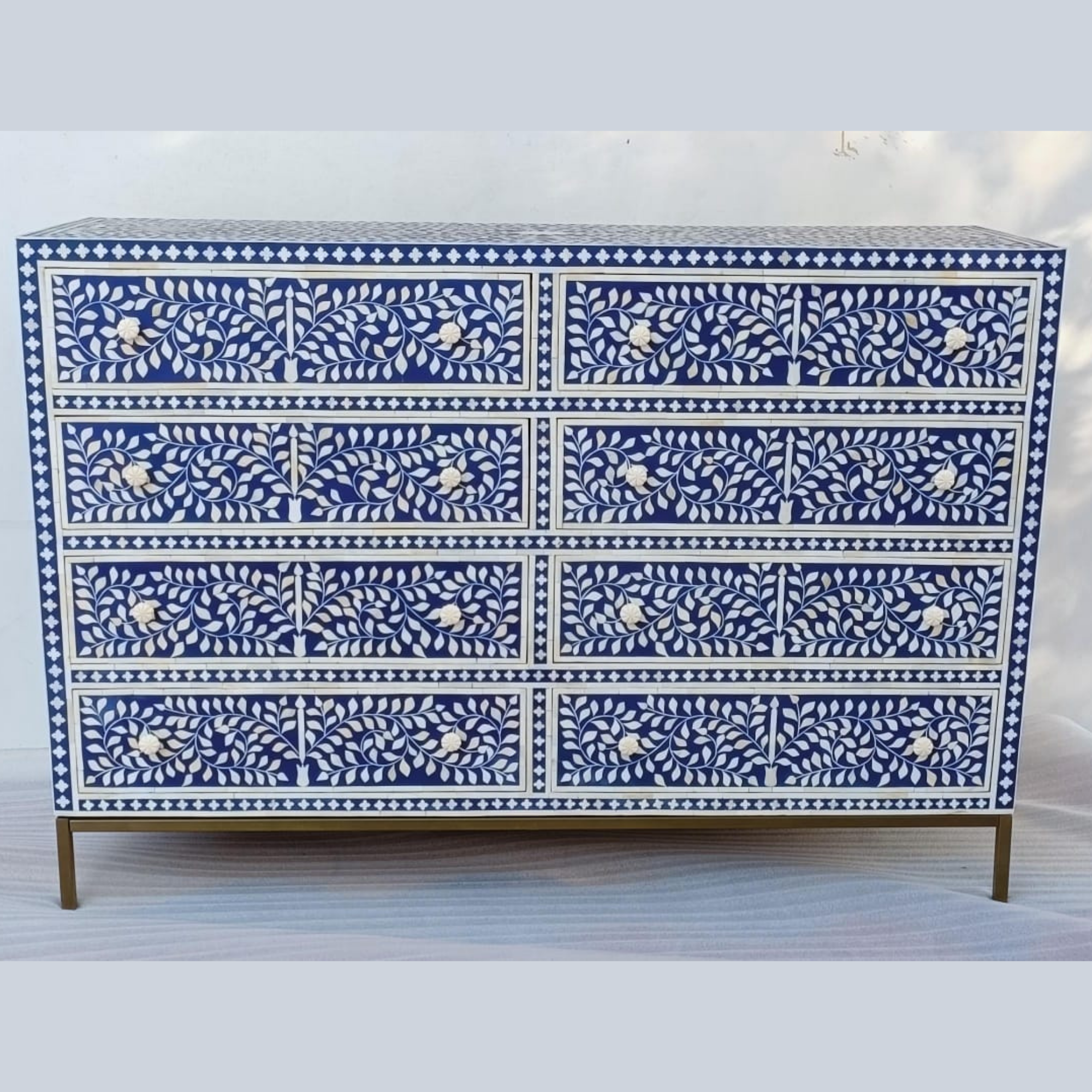 Blue Floral Bone Inlay Dresser Chest | Handmade 8 Drawer Storage Cabinet