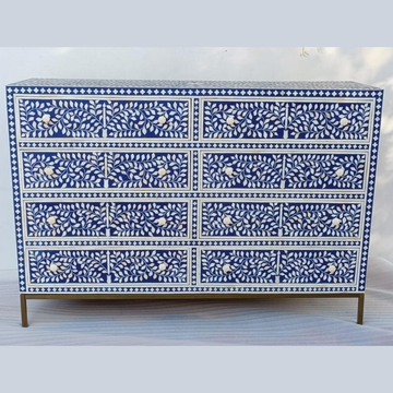 Blue Floral Bone Inlay Dresser Chest | Handmade 8 Drawer Storage Cabinet