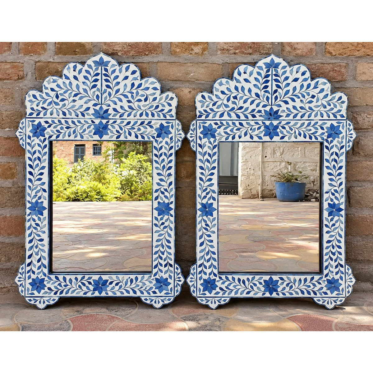 Set of 2 handmade blue and ivory floral bone inlay mirrors with ornate scalloped frames