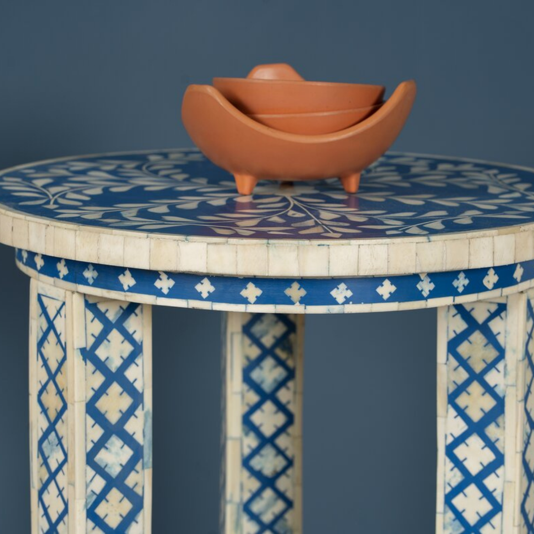 Blue Bone Inlay Round Side Table | Handmade Two-Tier Accent End Table