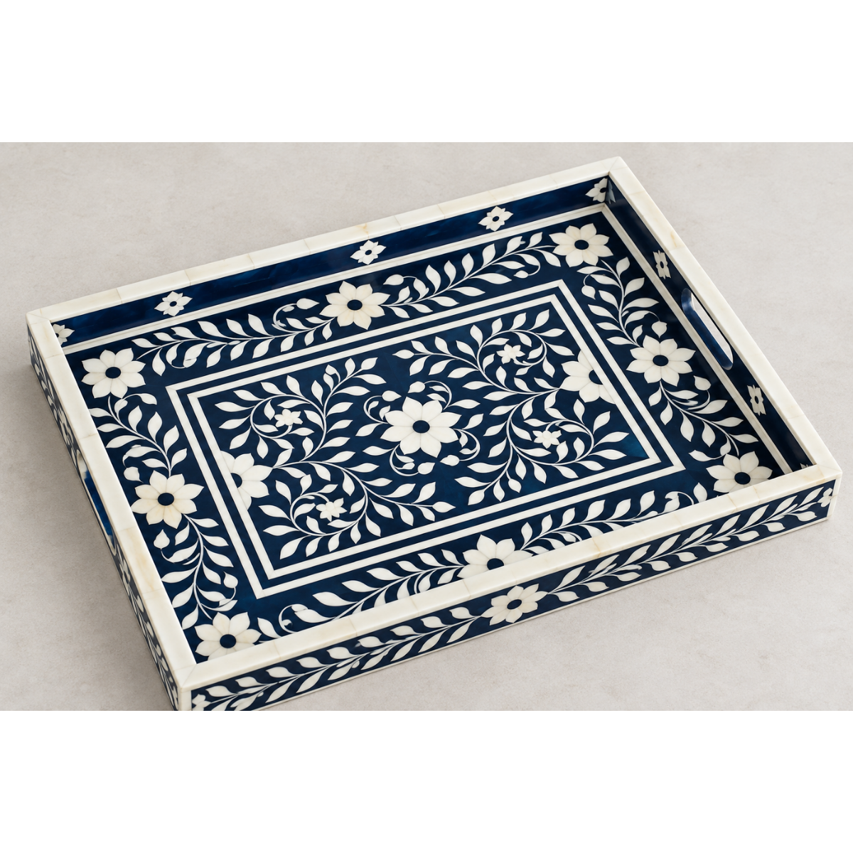 Handmade Navy Blue Bone Inlay Serving Tray – Floral Design with Handles