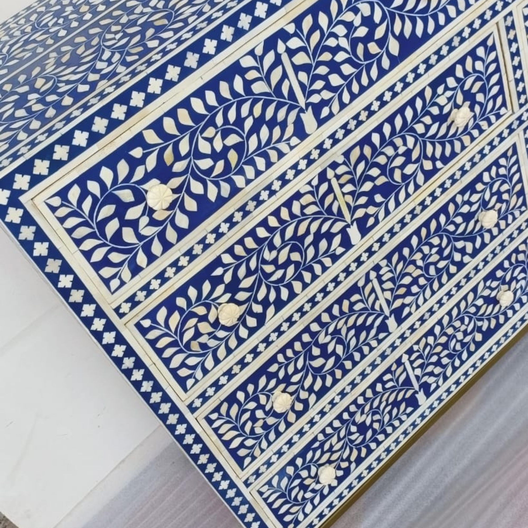 Blue Floral Bone Inlay Dresser Chest | Handmade 8 Drawer Storage Cabinet