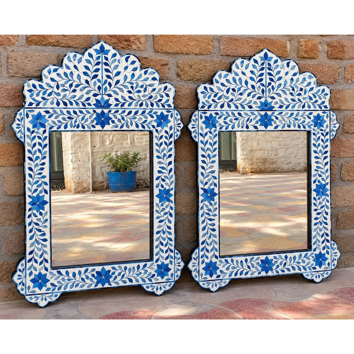 Set of 2 Blue Floral Bone Inlay Mirrors – Handmade Ornate Wall Mirror Pair