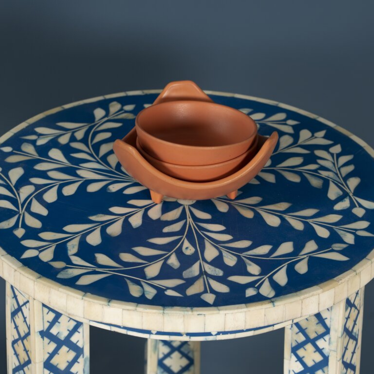 Blue Bone Inlay Round Side Table | Handmade Two-Tier Accent End Table