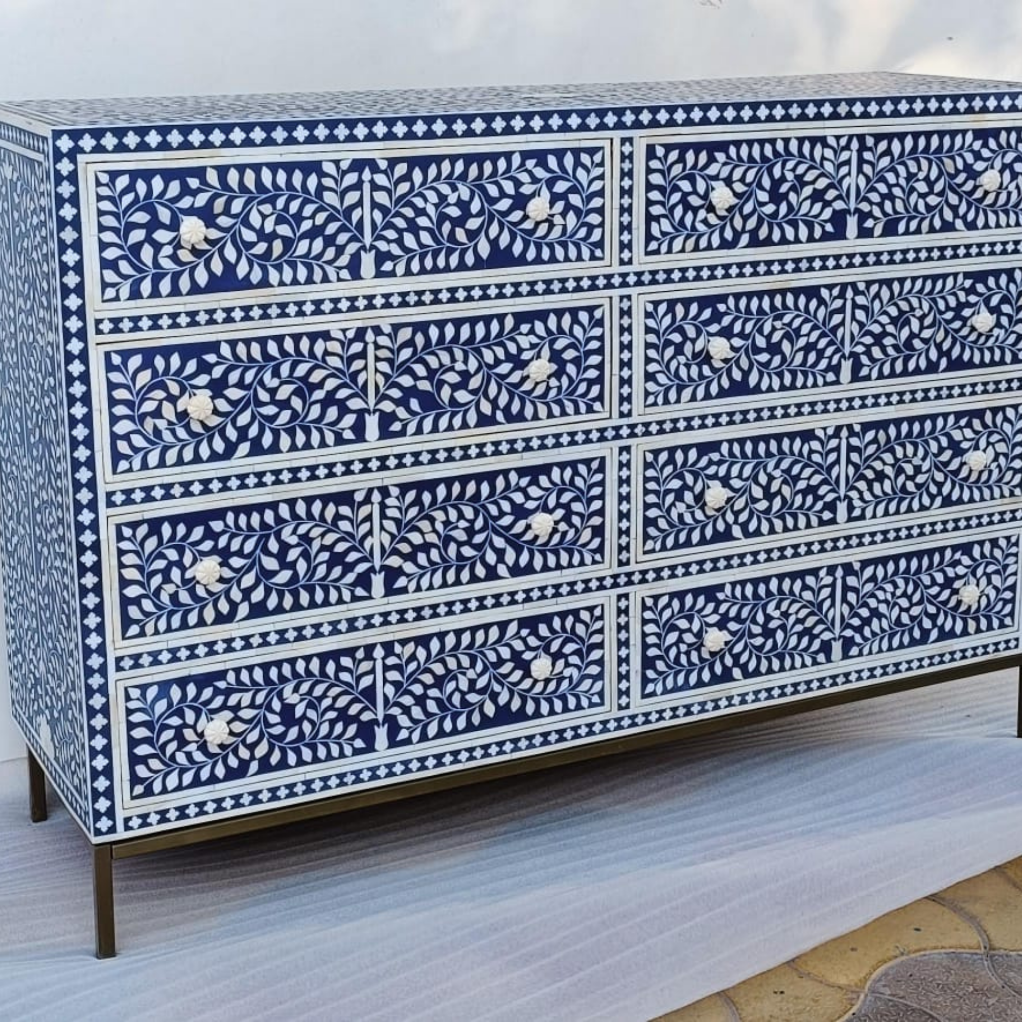 Blue Floral Bone Inlay Dresser Chest | Handmade 8 Drawer Storage Cabinet