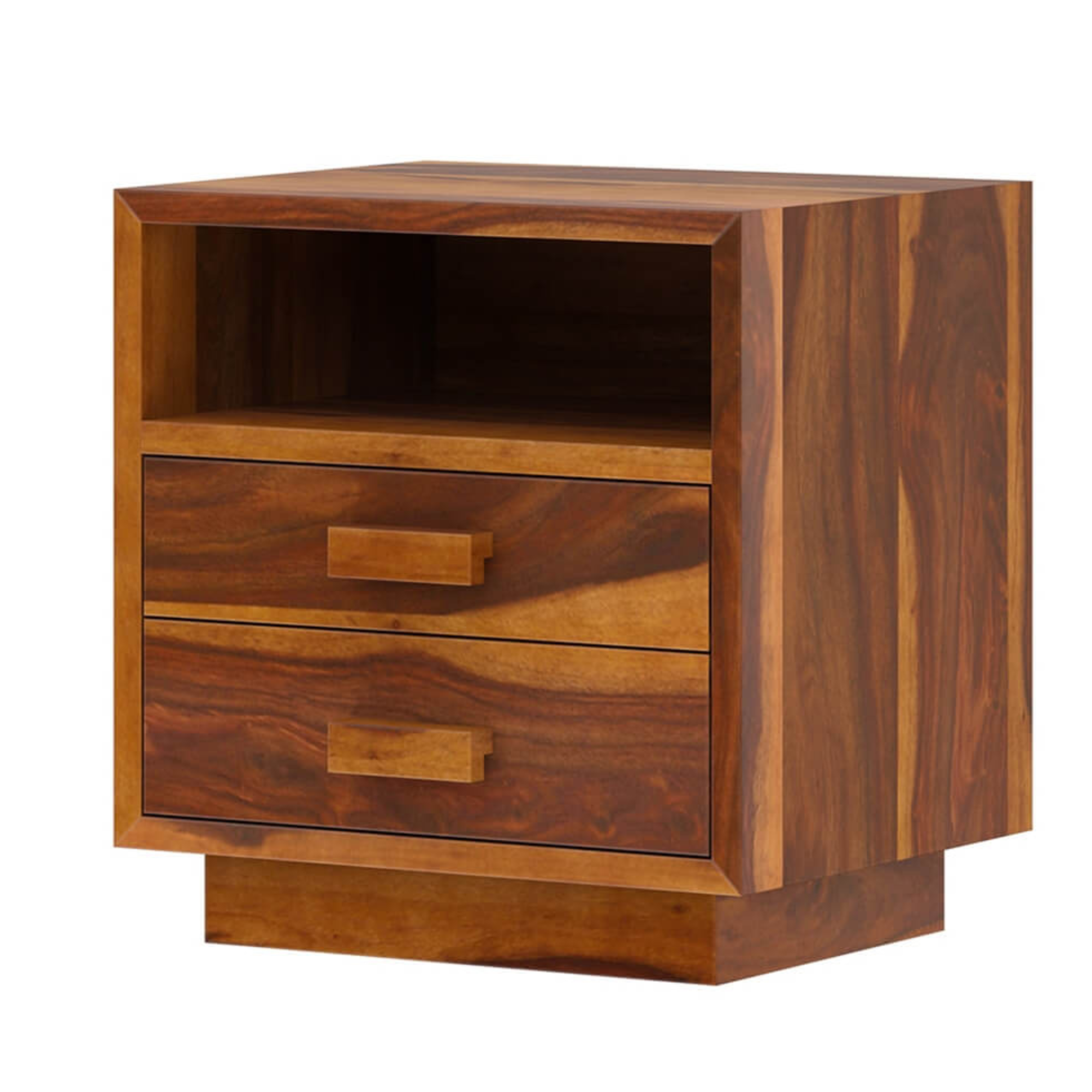Modern Solid Wood Bedside Table with 2 Drawers & Open Shelf | Rustic Handmade Wooden Nightstand for Bedroom & Living Room