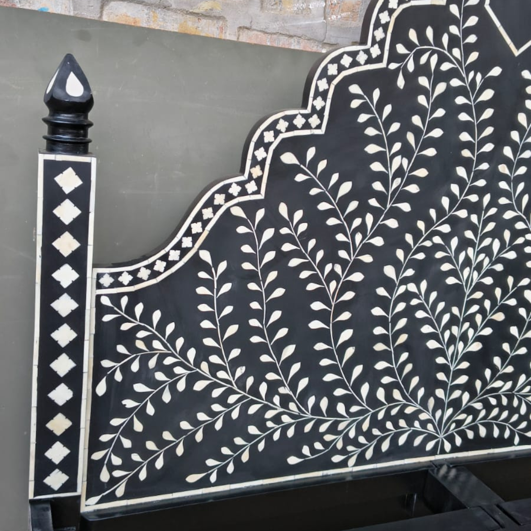Black Bone Inlay Bed Frame Floral Handmade Luxury Bed King Queen Size Wooden Bed Frame Boho Chic Bedroom Furniture