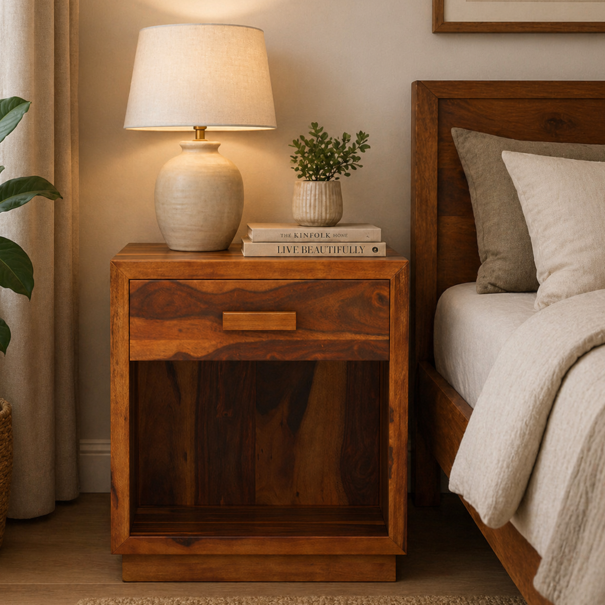 Handmade Solid Wood Bedside Table with Drawer & Open Shelf, Modern Nightstand, Minimalist Bedroom Furniture, Wooden Side Table