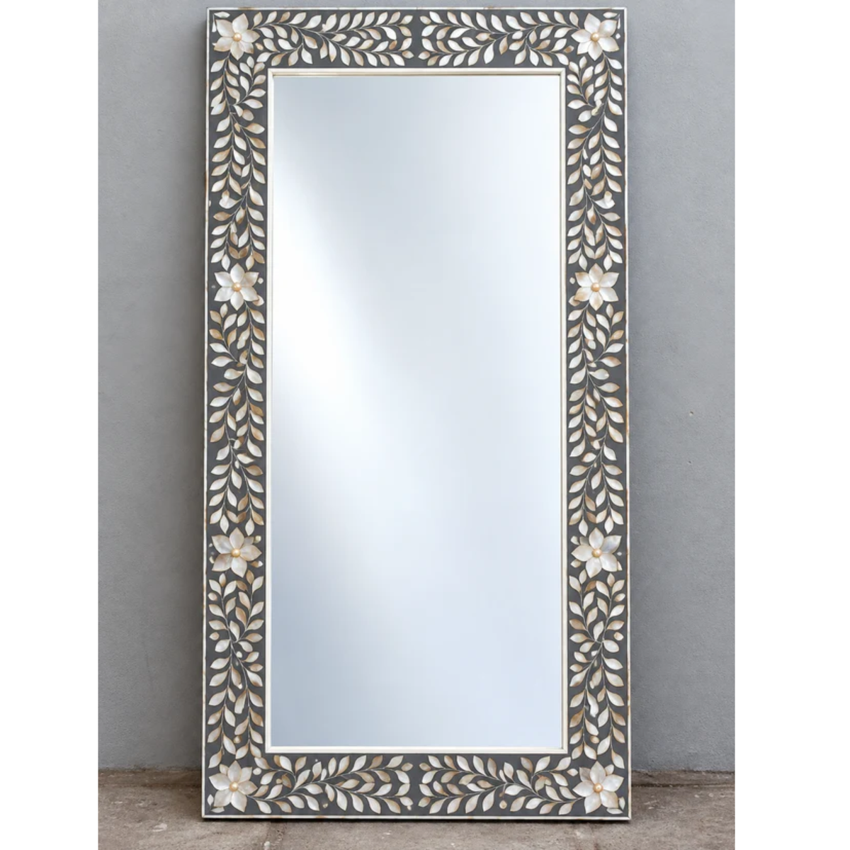 Grey Mother of Pearl Inlay Mirror – Handmade Floral Rectangular Wall Mirror