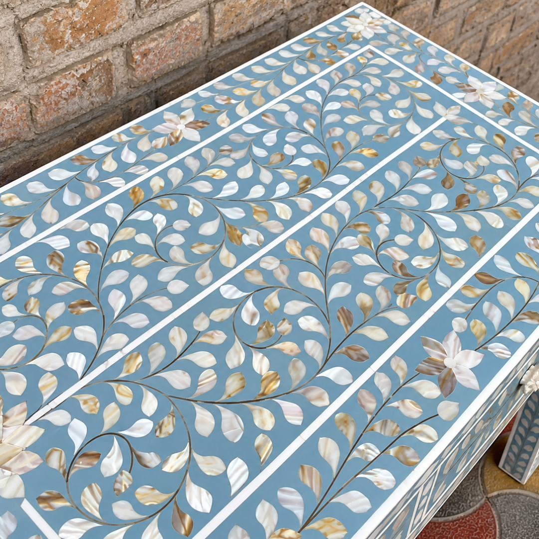 Blue Mother of Pearl Inlay Console Table with 3 Drawers – Handmade Floral Entryway Table