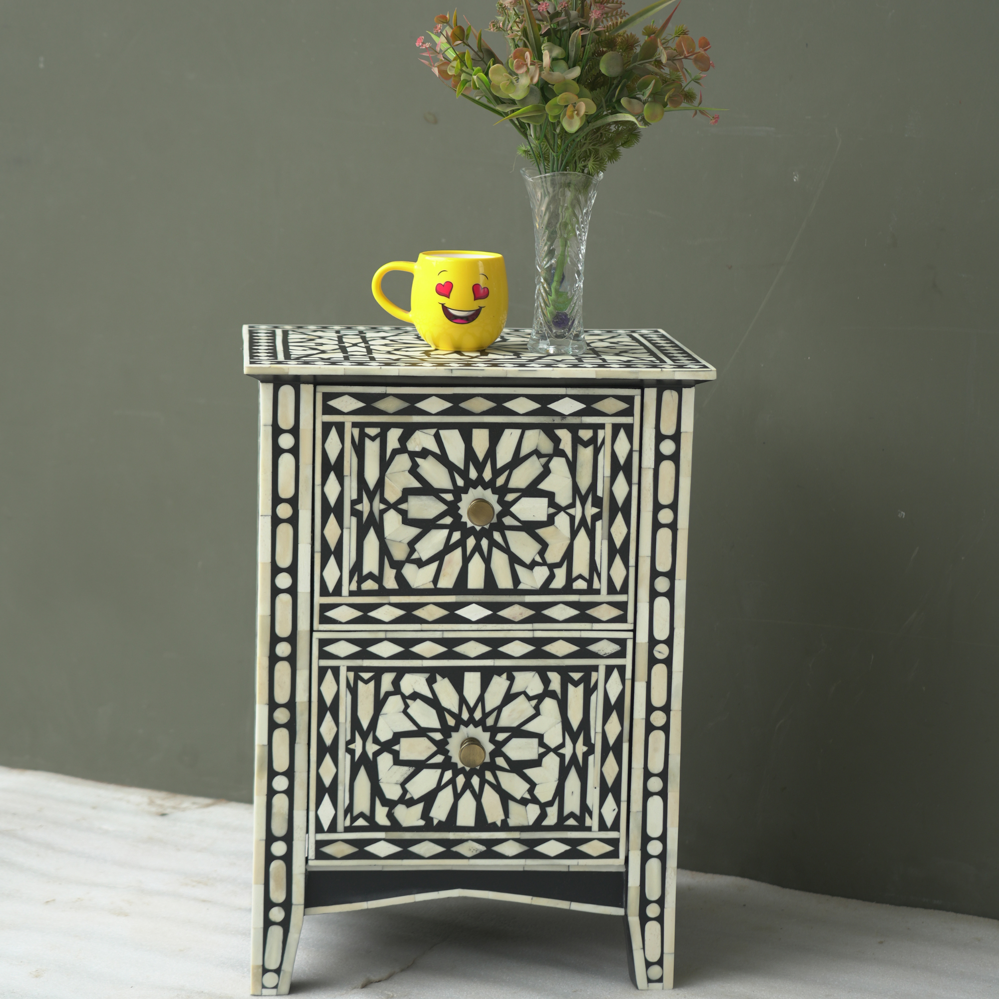 Handmade Bone Inlay Geometric Bedside Table Black White – 2 Drawer Luxury Nightstand Furniture