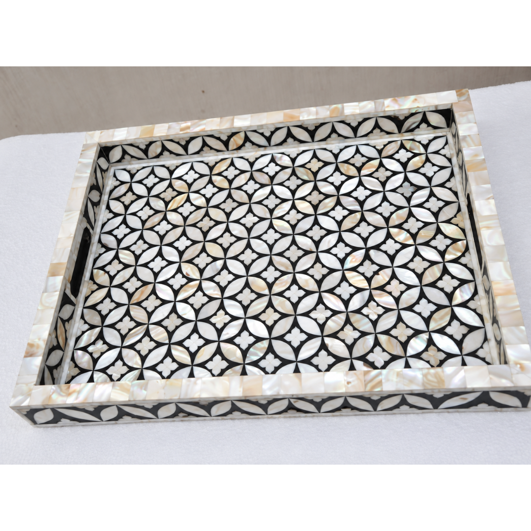Black & White Mother of Pearl Inlay Serving Tray – Handmade Geometric Rectangular Tray with Handles