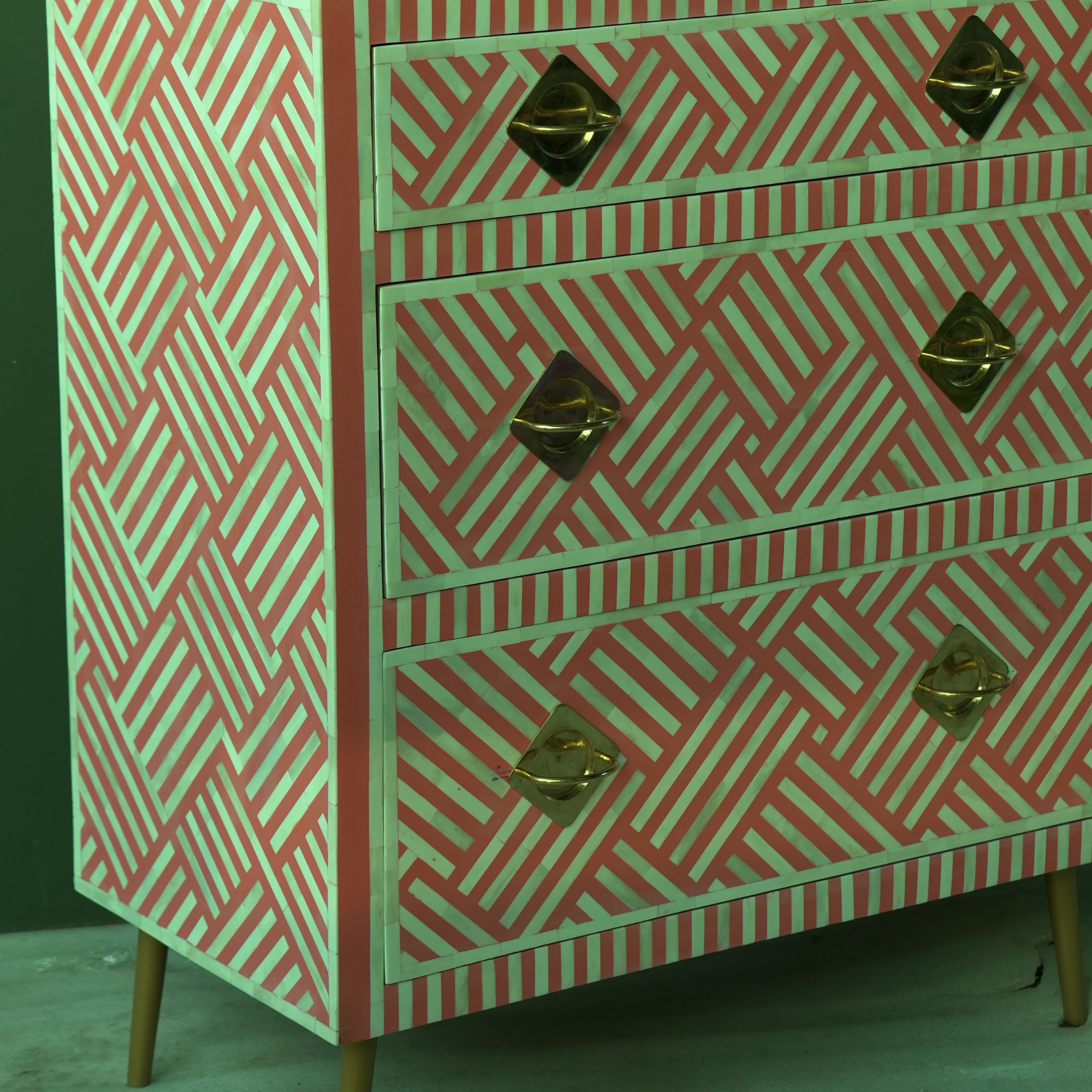 Handmade Pink Bone Inlay Chest of Drawers | Geometric 3 Drawer Dresser