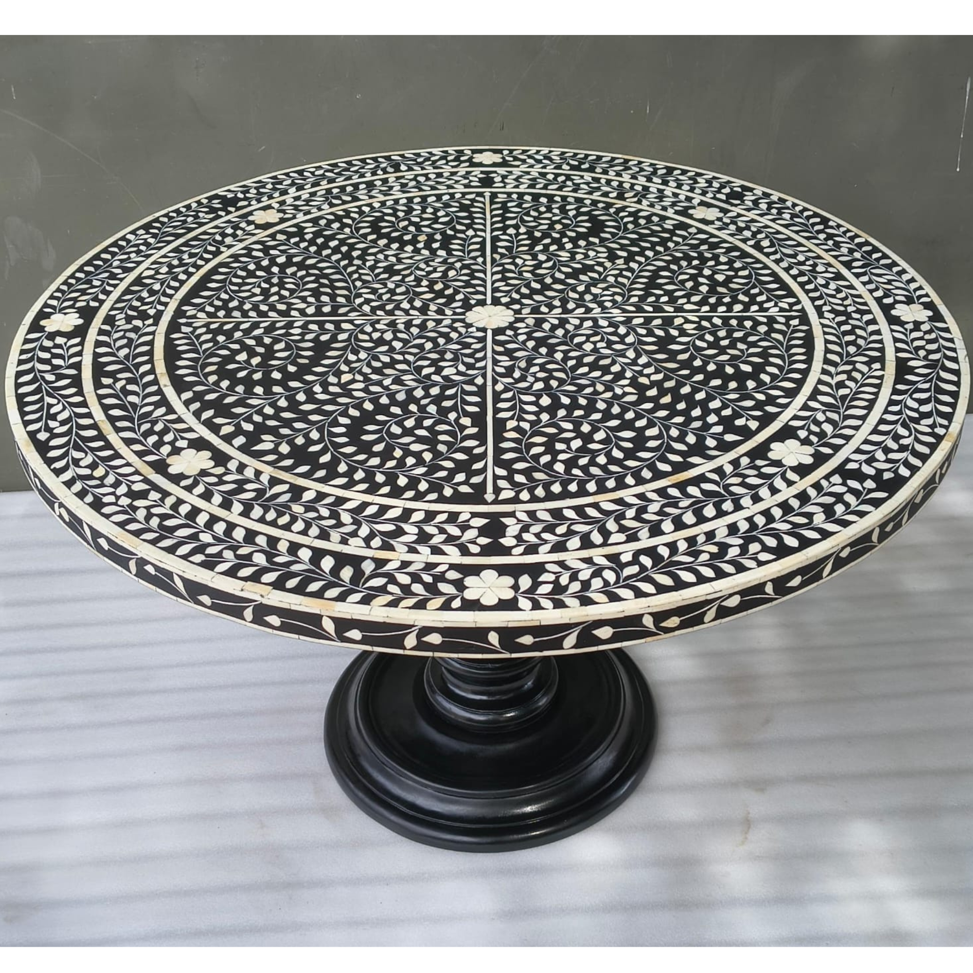 Handmade Bone Inlay Floral Dining Table – Black White Round Dining Table, Luxury Pedestal Table, Artisan Inlay Furniture