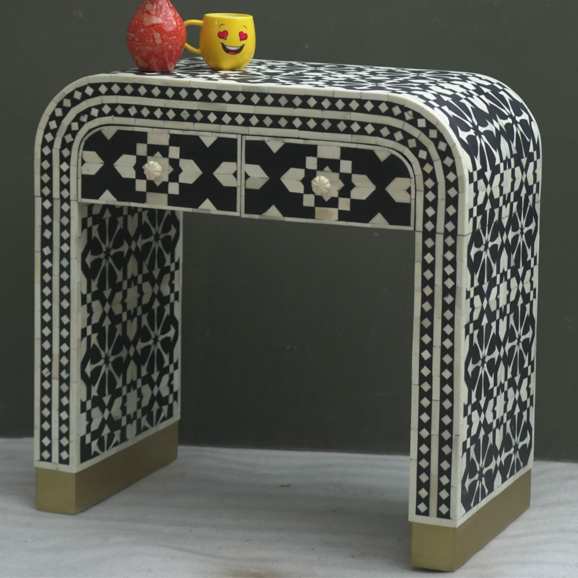 Black  Bone Inlay Console Table | Handmade Waterfall Console Table for Living Room