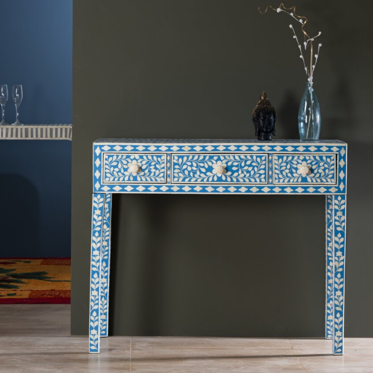 Blue Bone Inlay Console Table with 3 Drawers | Handmade Floral Entryway Console