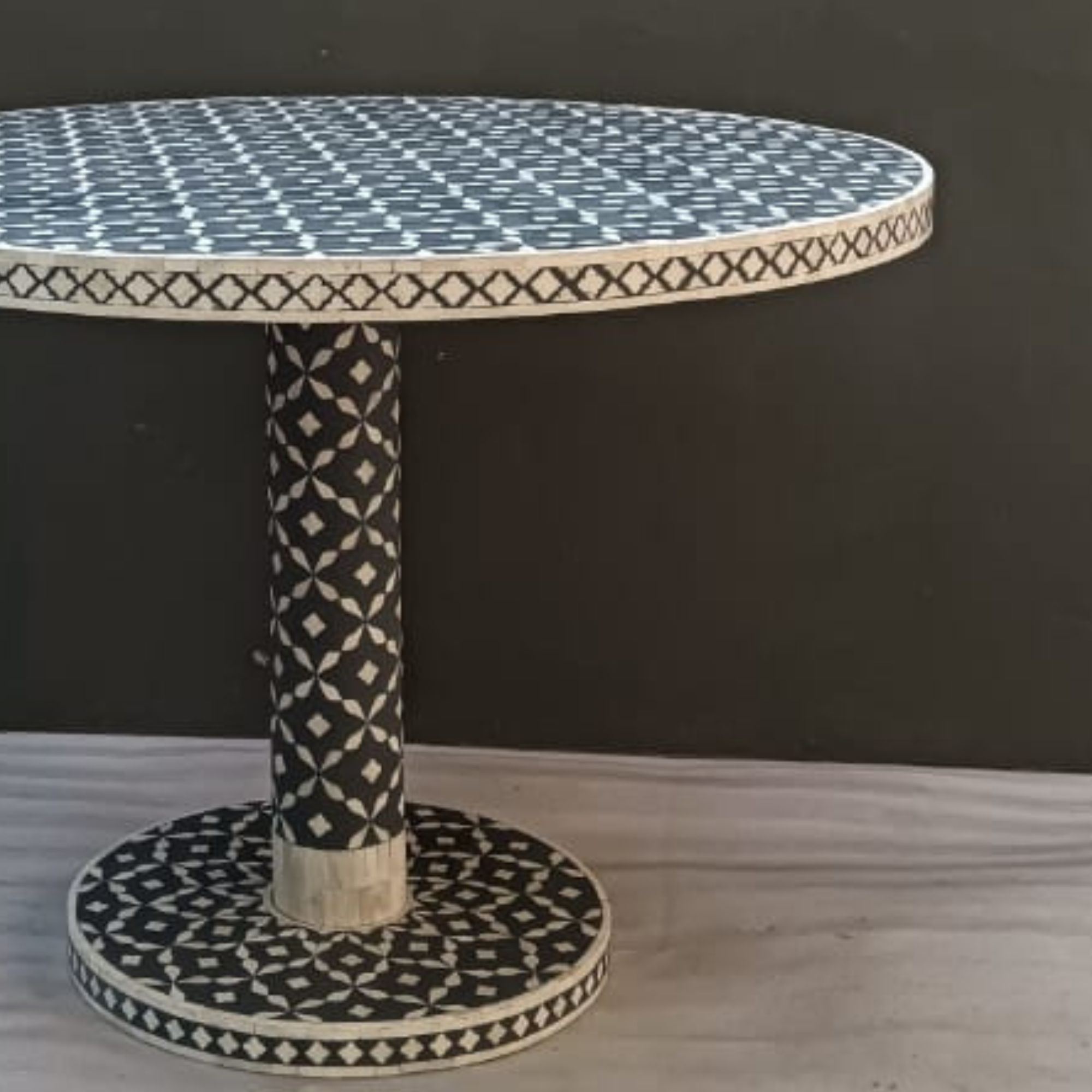 Handmade Bone Inlay Dining Table – Black White Geometric Round Table, Luxury Pedestal Dining Table, Artisan Inlay Furniture