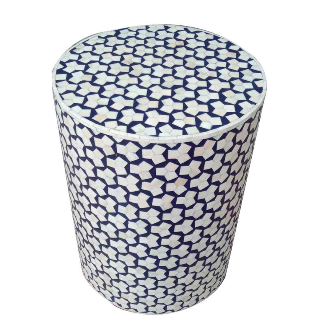 Blue Star Bone Inlay Drum Table Handmade Round Side Table Luxury Stool Moroccan Style Furniture