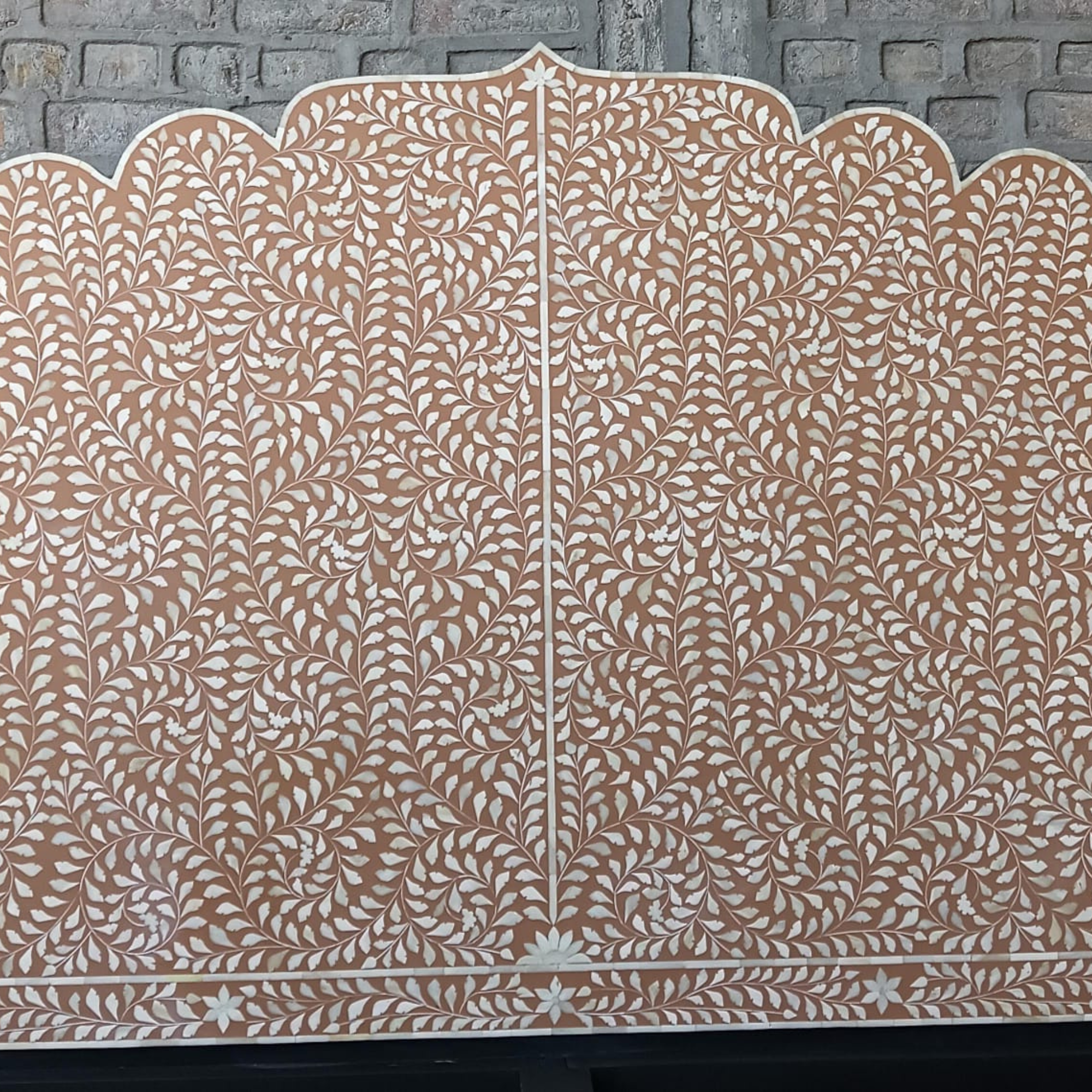 Blush Pink Mother of Pearl Inlay Bed – Floral Scalloped Platform Bed Frame