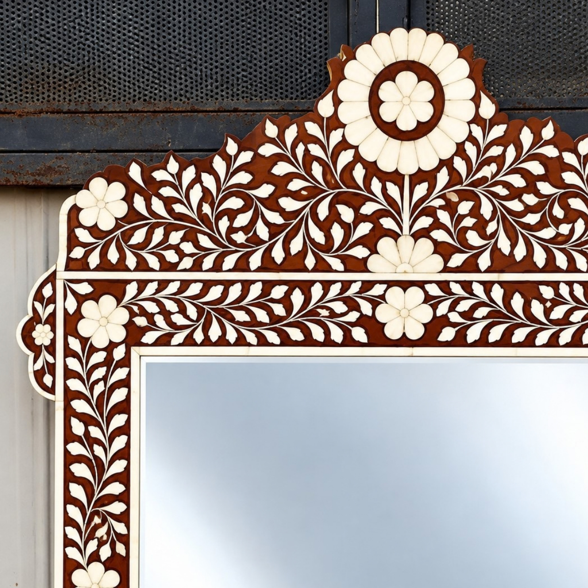 Handmade Brown Bone Inlay Mirror – Ornate Floral Rectangular Wall Mirror