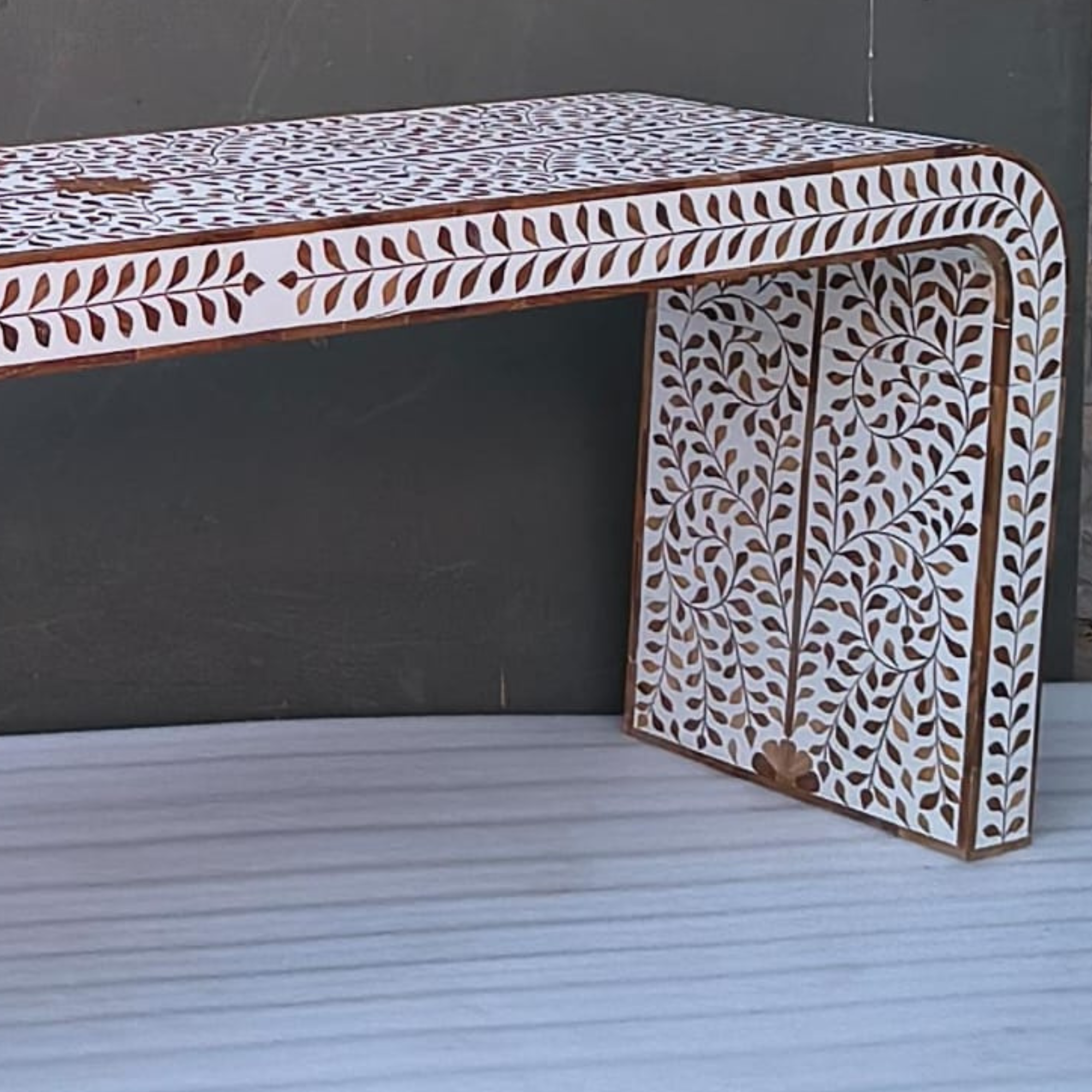 Handmade Bone Inlay Floral Console Table – Natural Wood Entryway Table, Luxury Hallway Table, Artisan Inlay Furniture