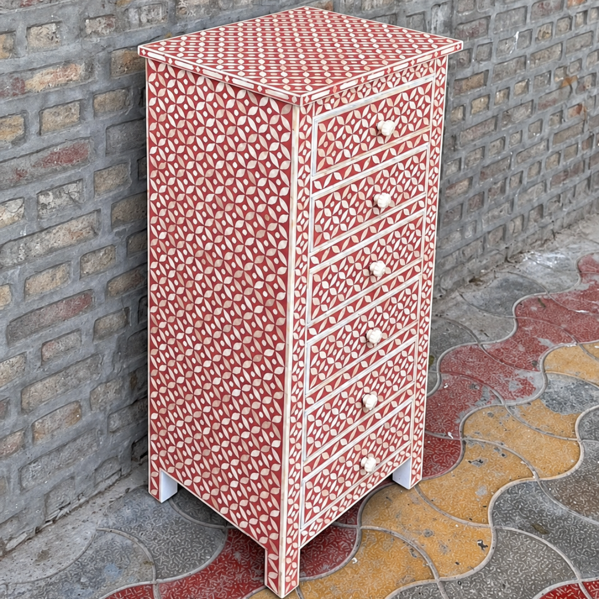 Handmade Red Bone Inlay 6 Drawer Tallboy Chest – Geometric Design