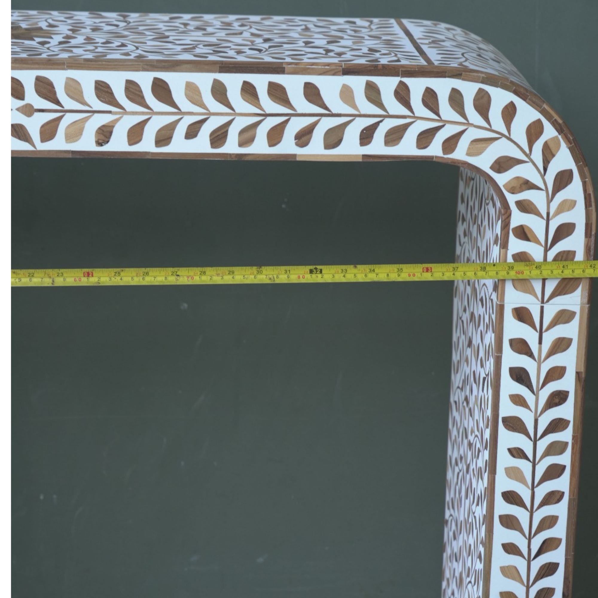 Handmade Bone Inlay Floral Console Table – White Wooden Entryway Table, Luxury Hallway Furniture, Artisan Inlay Table