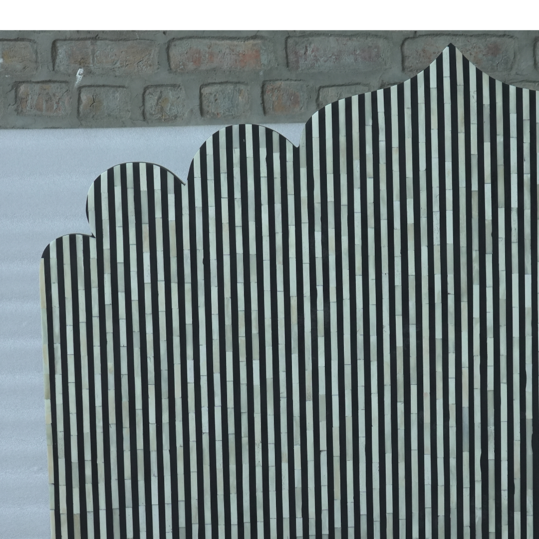 Black White Stripe Bone Inlay Bed Scalloped Headboard Handmade Modern Luxury Bed Frame Platform Bed Custom Size Furniture