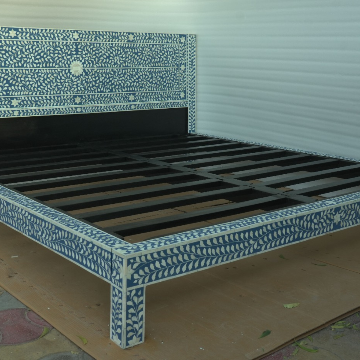 Handmade Blue & White Bone Inlay Bed – Floral Vine Platform Bed Frame