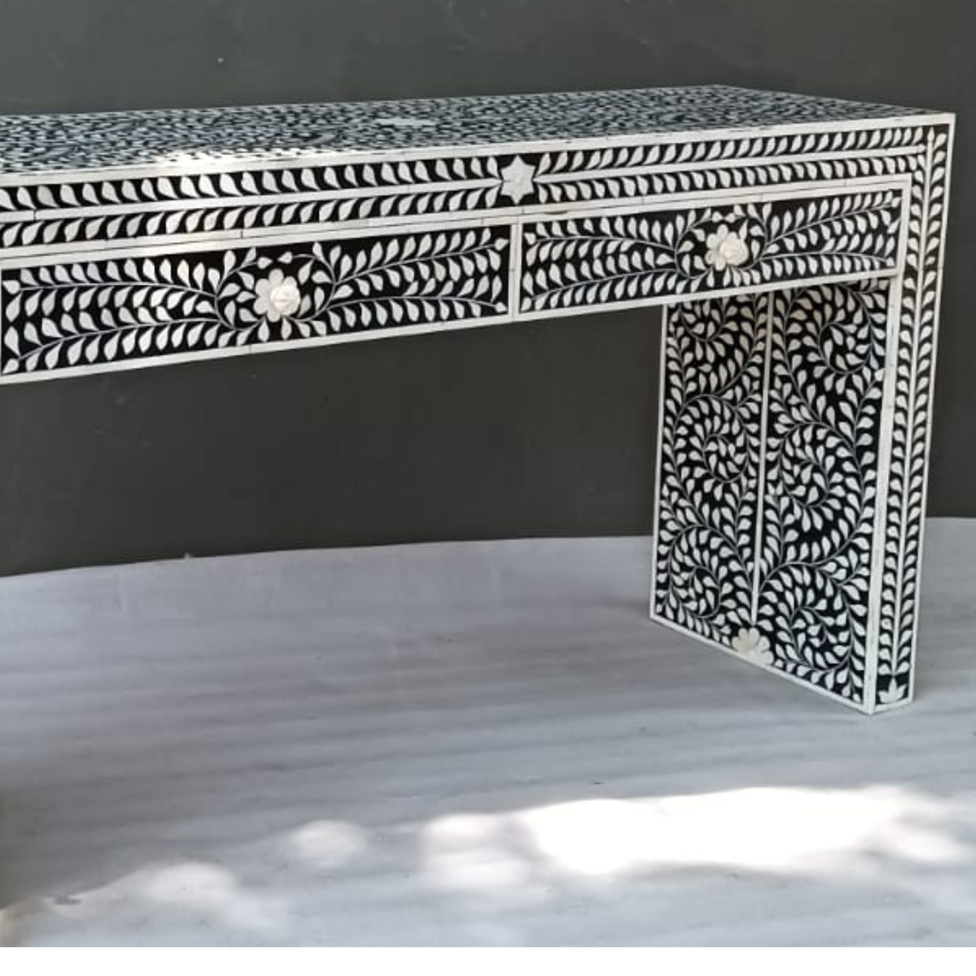 Handmade Bone Inlay Floral Console Table – Black White Entryway Table with Drawers, Luxury Hallway Furniture