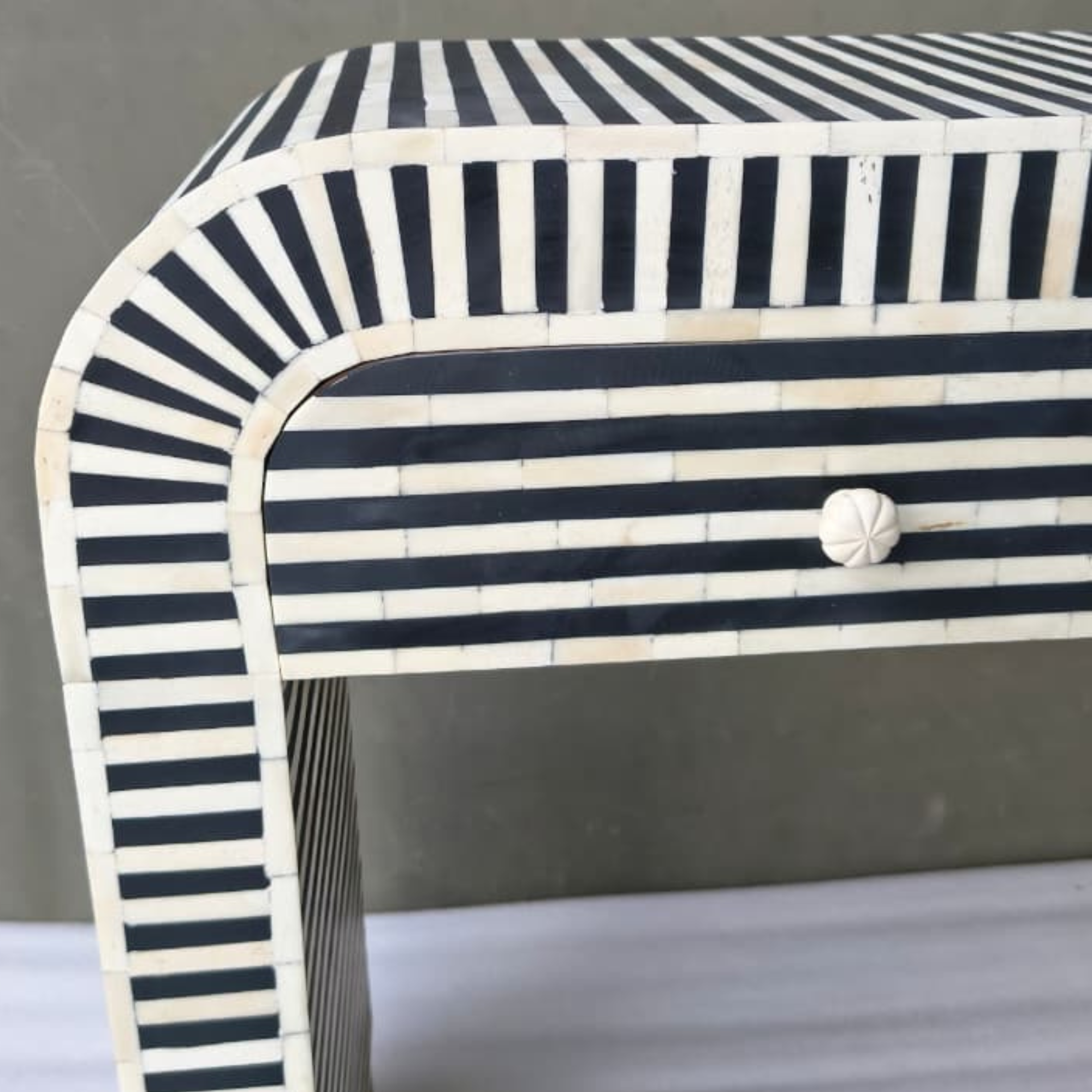 Handmade Bone Inlay Console Table – Black White Striped Entryway Table with Drawers, Modern Hallway Furniture