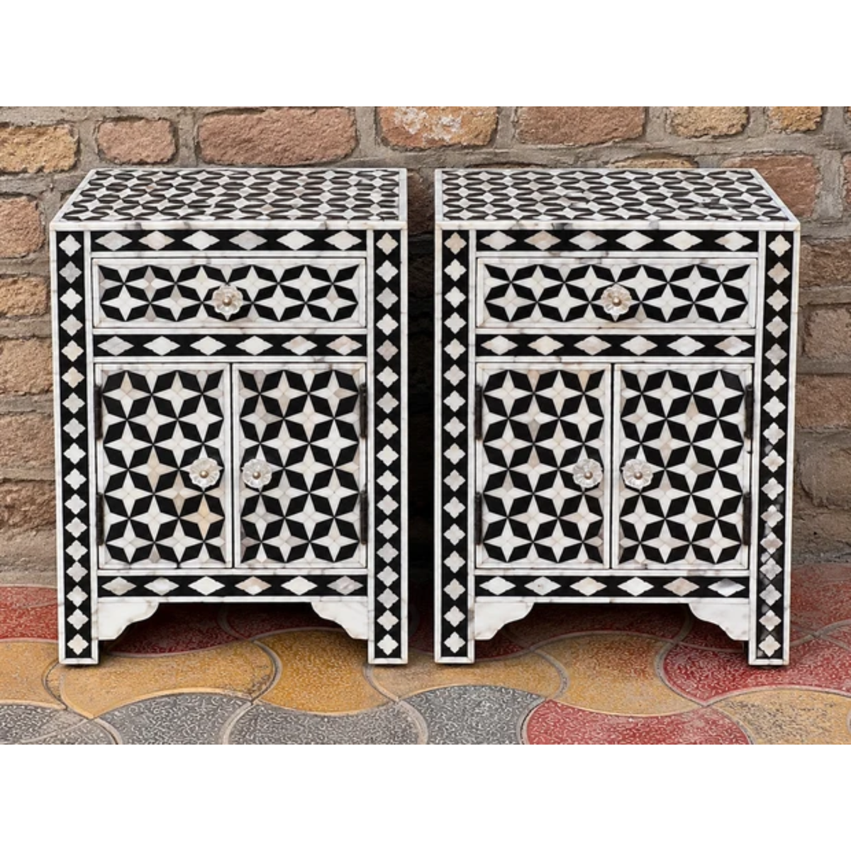Set of 2 Black Mother of Pearl Inlay Bedside Tables – Handmade Geometric Nightstands with Drawer & Cabinet