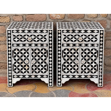 Set of 2 Black Mother of Pearl Inlay Bedside Tables – Handmade Geometric Nightstands with Drawer & Cabinet