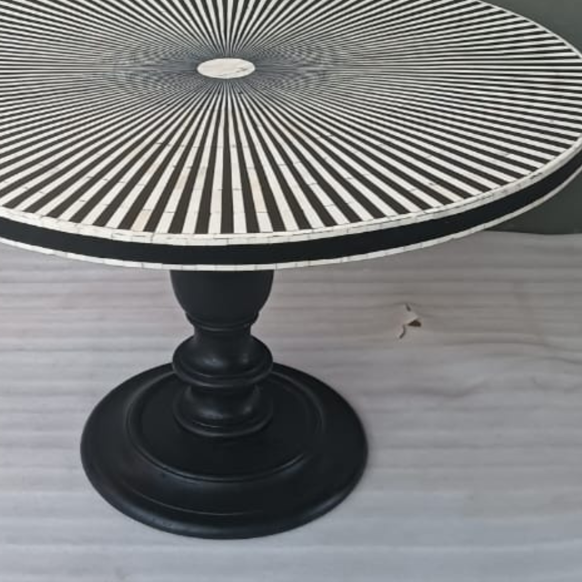 Handmade Black & White Bone Inlay Round Dining Table – Sunburst Pedestal Table